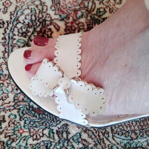 Bebe Bow High Heel Sandals  White Lacey Leather  Ankle Straps Date Night 8 1/2 M